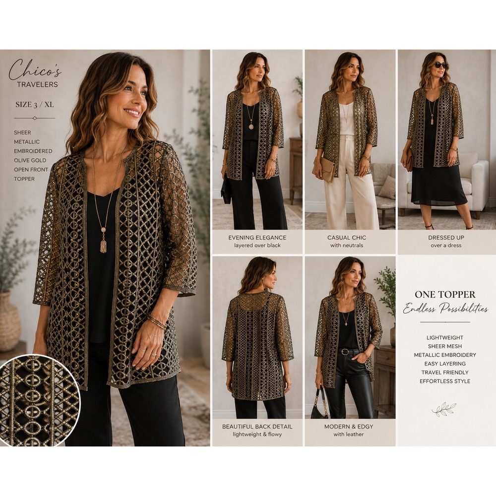Chico's Travelers Size 3 Olive Gold Metallic Mesh Embroidered Open Front Topper